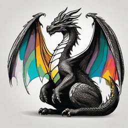 drawing of a dragon with large, colorful wings  minimal rough sketch scribbles,doodles,black and white