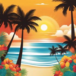 summer clip art - vibrant summer scene with sun, beach, and palm trees 