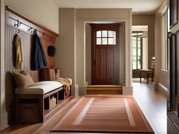 Colonial mudroom features classic wooden furniture, warm colors, and simple decor that provide a cozy and timeless entry environment.  