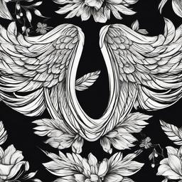 drawing of angel wings and flowers  minimal rough sketch scribbles,doodles,black and white