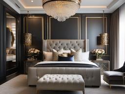 Luxury Glam master bedroom offers stylish finishes, plush materials, and decorative accents that create an upscale yet comfortable atmosphere.  