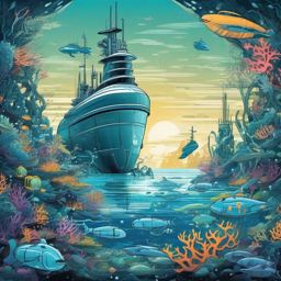 Biomechanical ocean exploration with futuristic submarines and UHD marine ecosystems  , vector illustration, clipart