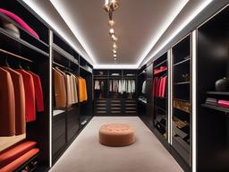 In the walk-in closet, surrealist interior design includes imaginative storage, playful decor, and vibrant colors that create a stylish and unique dressing area.  