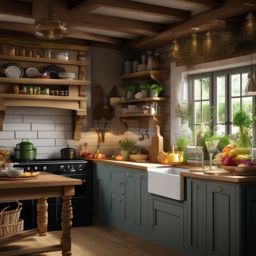 Country Cottage Cooking Charm - Bring the coziness of a country cottage into your kitchen. , kitchen layout design ideas, multicoloured, photo realistic, hyper detail, high resolution,