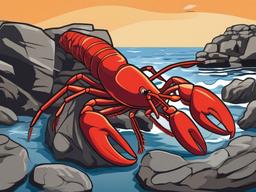 Lobster Cartoon - Cartoon of lobster in a rocky tide pool  