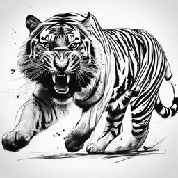 drawing of a tiger hunting  minimal rough sketch scribbles,doodles,black and white