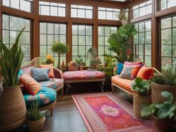 A sunroom with maximalist interior design highlights colorful furnishings, vibrant plants, and a mix of patterns that create a joyful and inviting space to enjoy the beauty of nature.  