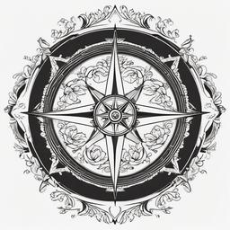 Floral Compass Tattoo - Compass tattoo adorned with floral elements.  simple vector tattoo,minimalist,white background