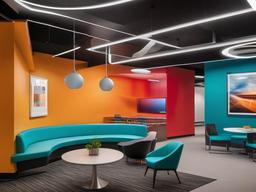 In the office break room, futuristic interior design includes vibrant colors, smart furniture, and modern decor that encourages relaxation and socialization among employees.  