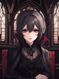 Adorable vampire character in a Gothic mansion.  front facing ,centered portrait shot, cute anime color style, pfp, full face visible