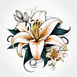 Lily flower tattoo, Tattoos showcasing the graceful and elegant lily flower. colors, tattoo patterns, clean white background