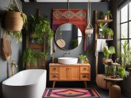 Bohemian small bathroom is adorned with colorful textiles, eclectic decor, and hanging plants, creating a lively and inviting environment for relaxation.  