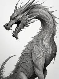 drawing of a full-body dragon with intricate patterns  minimal rough sketch scribbles,doodles,black and white