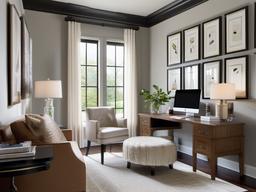 Transitional home office blends modern and traditional elements with a neutral palette, practical layouts, and comfortable seating for a balanced design.  