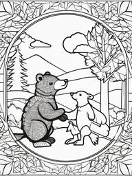 Turkey and Bear Coloring Pages - Playful Scene of Turkey and Bear Friends  minimal black outline printable sheet, coloring page