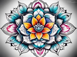 Mandala lotus flower tattoo, Creative tattoos combining the beauty of mandalas with lotus flowers.  vivid colors, white background, tattoo design