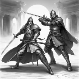 human fighter,elowen brightblade,dueling a master swordsman,a grand tournament arena pencil style