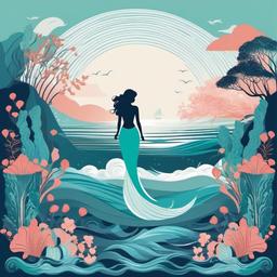 Mermaid clipart - fairy tale scene with mermaid and ocean waves  color,minimalist,vector clipart