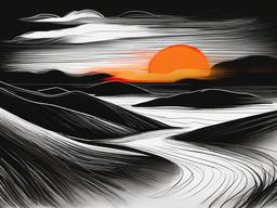 drawing of a fiery sunset  minimal rough sketch scribbles,doodles,black and white