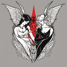 Devil & Angel Tattoo-Celebrating the cosmic duality with a devil & angel tattoo, symbolizing the eternal dance of good and evil, light and dark.  simple vector color tattoo