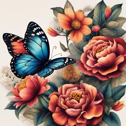 flowers around butterfly tattoo  