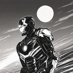 drawing of Iron Man with a sunset  minimal rough sketch scribbles,doodles,black and white