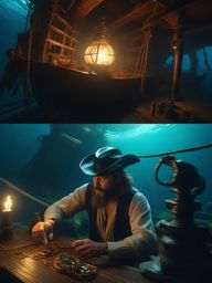 Time-traveling wizard discovers a mysterious amulet in a sunken pirate ship.  8k, hyper realistic, cinematic