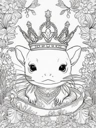 Axolotl Coloring Pages - Axolotl wearing a crown in a fairy tale setting  simple coloring pages