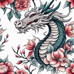 Feminine dragon and flower tattoos, Elegant tattoos that combine the beauty of dragons with flowers.  color, tattoo style pattern, clean white background