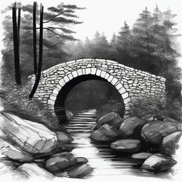 drawing of an old stone bridge in a forest  minimal rough sketch scribbles,doodles,black and white