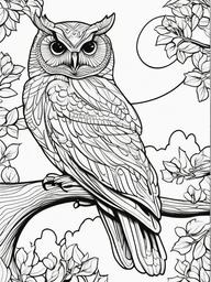 Owl Coloring Pages - Owl enjoying a sunset from a treetop  simple coloring pages