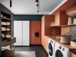 In the laundry room, surrealist interior design includes creative storage solutions, unexpected colors, and imaginative accents that make chores feel more playful and engaging in a curated space.  