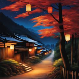 nakasendo trail - create a night painting of the nakasendo trail, where ancient post towns come to life with the warm, inviting glow of lanterns along the path. 