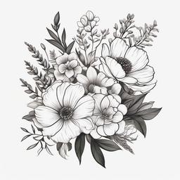 Family Birth Flower Bouquet Tattoo - Tattoo featuring a bouquet representing family birth flowers.  simple color tattoo,minimalist,white background