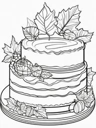 Cake Coloring Pages - Autumn-themed cake with leaves and pumpkins  simple coloring pages