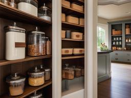 The pantry showcases vintage interior design with wooden shelves, charming canisters, and vintage accents that make food storage both practical and visually appealing.  