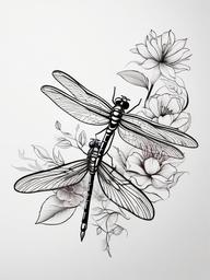 Dragonflies and Flowers Tattoos - Tattoos combining dragonflies and various floral elements.  simple color tattoo,minimalist,white background