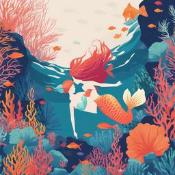 Mermaid clipart - mermaid swimming among coral reefs  color,minimalist,vector clipart