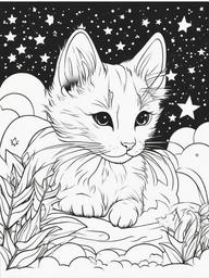 Kitty with Stars and Clouds Coloring Pages - Dreamy Kitten in a Magical Sky  minimal black outline printable sheet, coloring page