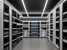 The storage room showcases futuristic interior design with organized bins, high-tech features, and a sleek layout that maximizes efficiency while maintaining a modern aesthetic.  