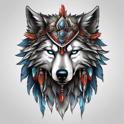 Wolf Head Dress Tattoo,striking fusion of the wolf and a ceremonial headdress, testament to honor and bravery. , color tattoo design, white clean background