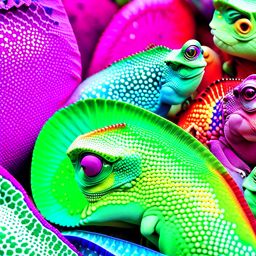 chameleons participating in a 'color-change fashion show,' blending into various patterns. 