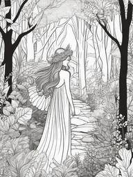 Fairy in a Magical Forest Coloring Pages - Fairy Exploring a Mystical Forest  minimal black outline printable sheet, coloring page