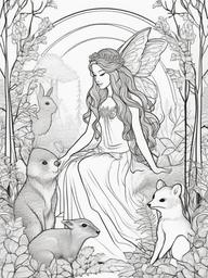 Fairy and Her Woodland Friends Coloring Pages - Fairy Surrounded by Woodland Creatures  minimal black outline printable sheet, coloring page