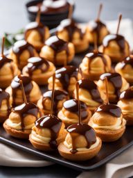 platter of bite-sized profiteroles, each filled with a delicate pastry cream and drizzled with caramel. 