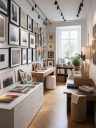 artistic studio with a gallery wall of artwork and plenty of storage. 