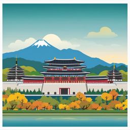 Seoul clipart - Gyeongbokgung Palace and Seoul skyline,  color clipart, vector art