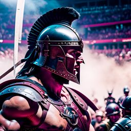 stoic gladiator engaging in a brutal arena battle, crowd roaring with anticipation. 