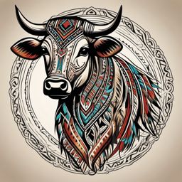 Native American-inspired cow tattoo: Tribal motifs, cultural connection.  simple color tattoo style