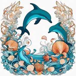 Seashell Serenade - Dolphins surrounded by seashells, capturing the magic of the sea.  outline color tattoo,minimal,white background